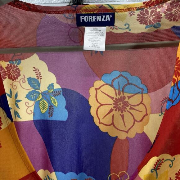 Forenza Mesh Faux Wrap Top Women Size Medium Colorful Floral 3/4 Sleeve Pullover - Picture 5 of 6